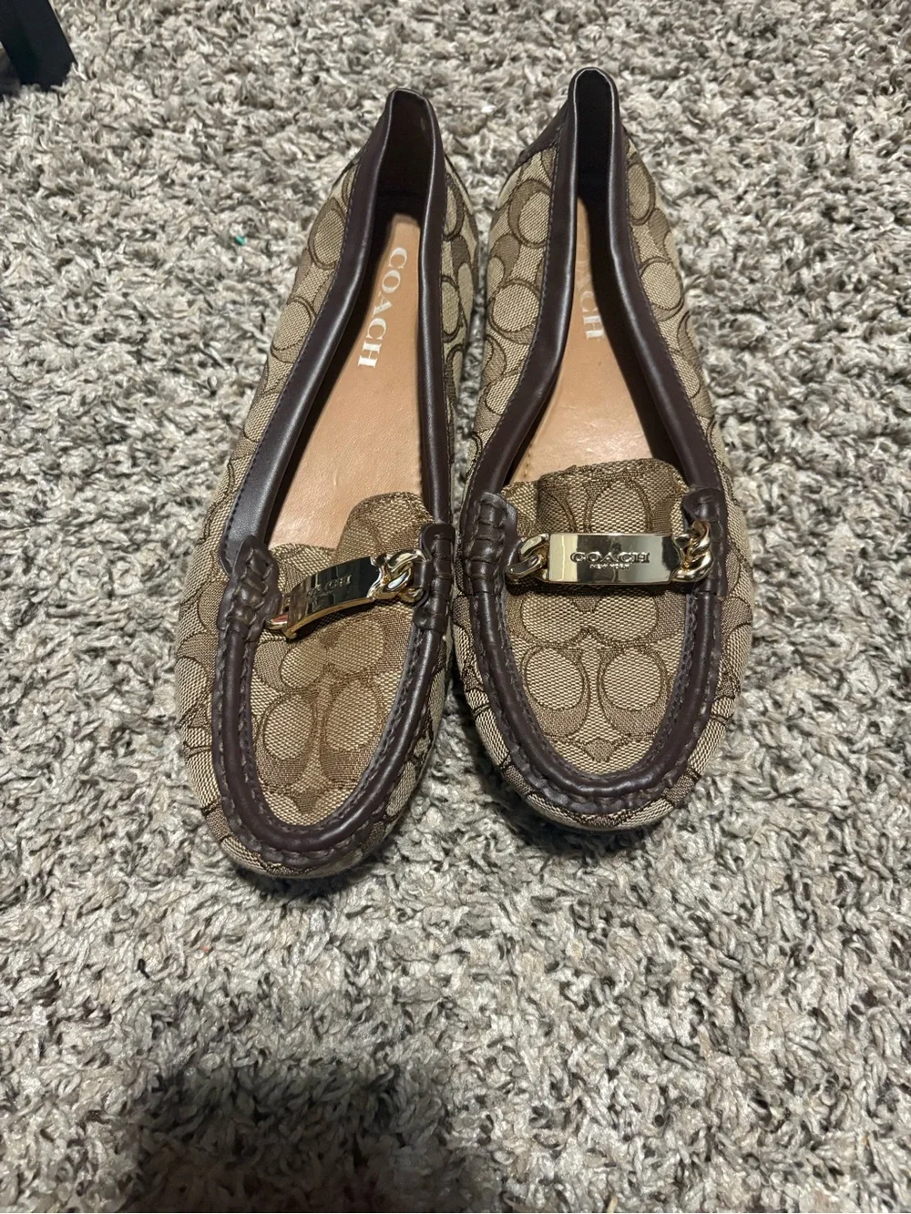 Coach Brown Signature Canvas Loafers with Gold Hardware